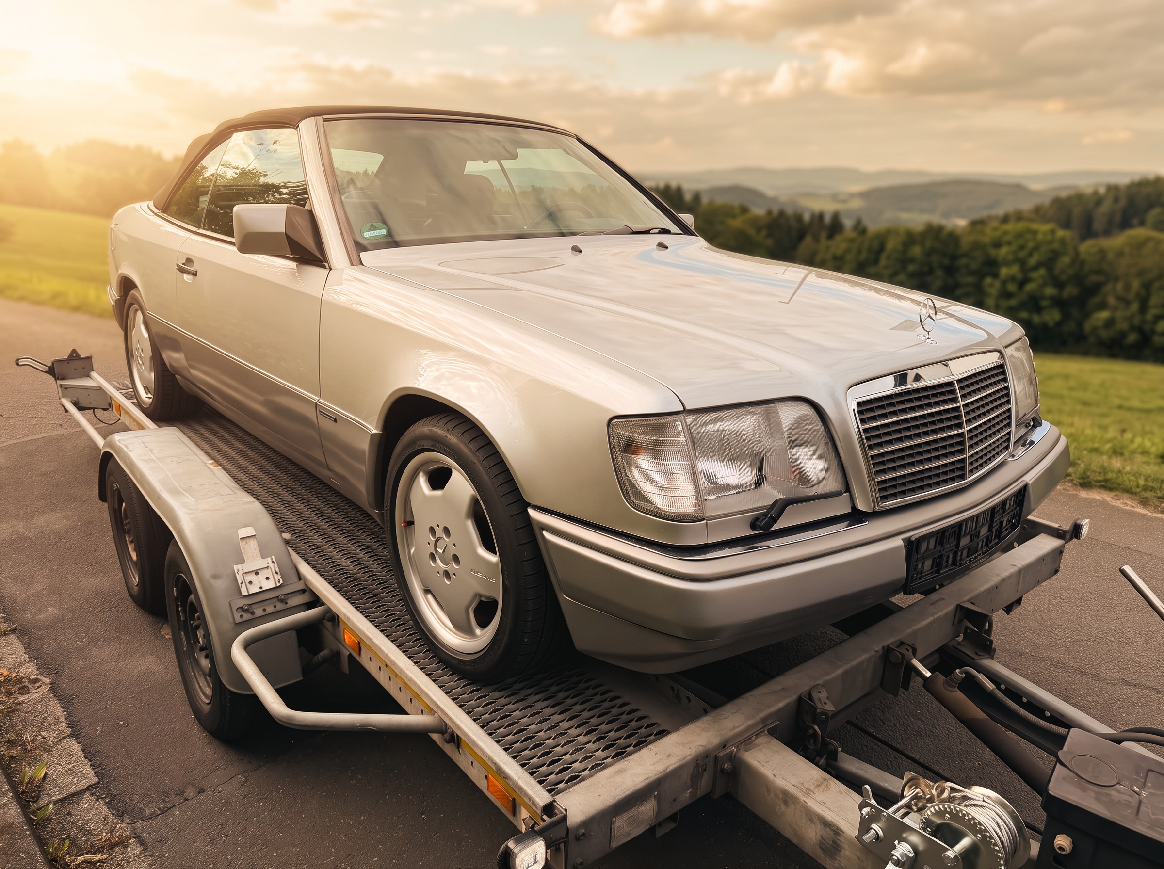 Mercedes-Benz Cabriolet sicher auf dem offenen Autotransporter